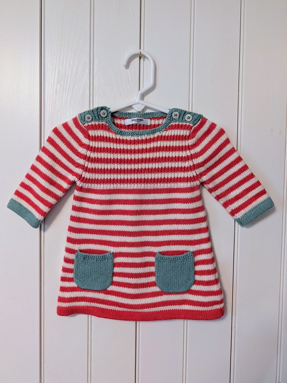 Baby Boden Red & White Striped Knit Dress with Teal Trim